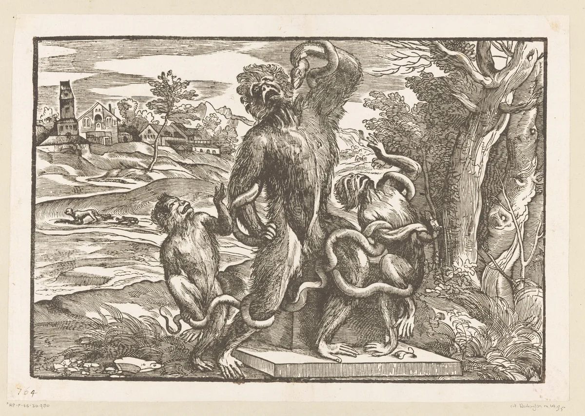 Karikatuur op de Laocoöngroep by Titiaan, print, 1540-1545