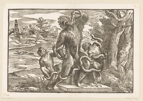Karikatuur op de Laocoöngroep by Titiaan, print, 1540-1545