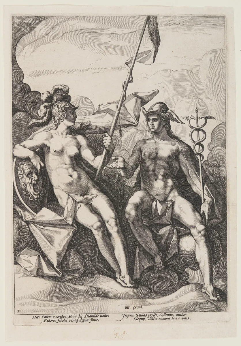 Pallas Athena and Mercury by Jacob Matham, print, 1600