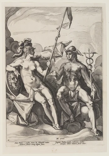 Pallas Athena and Mercury by Jacob Matham, print, 1600