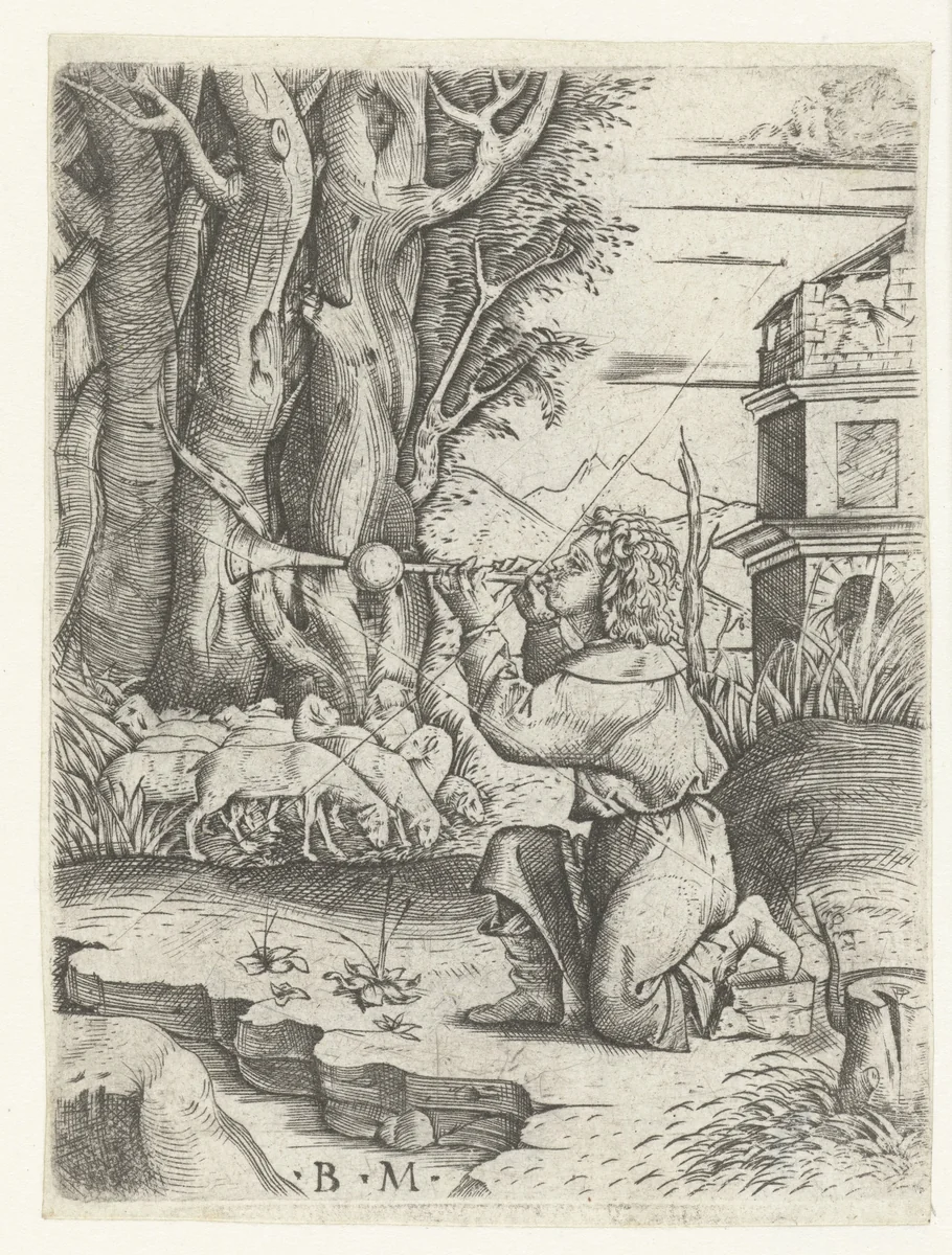 Herder blaast op schalmei bij kudde schapen in landschap by Unknown, print, 1507-1523
