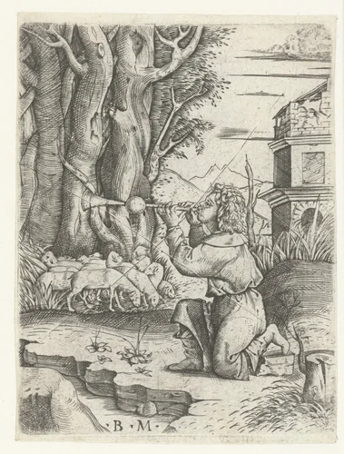 Herder blaast op schalmei bij kudde schapen in landschap by Unknown, print, 1507-1523