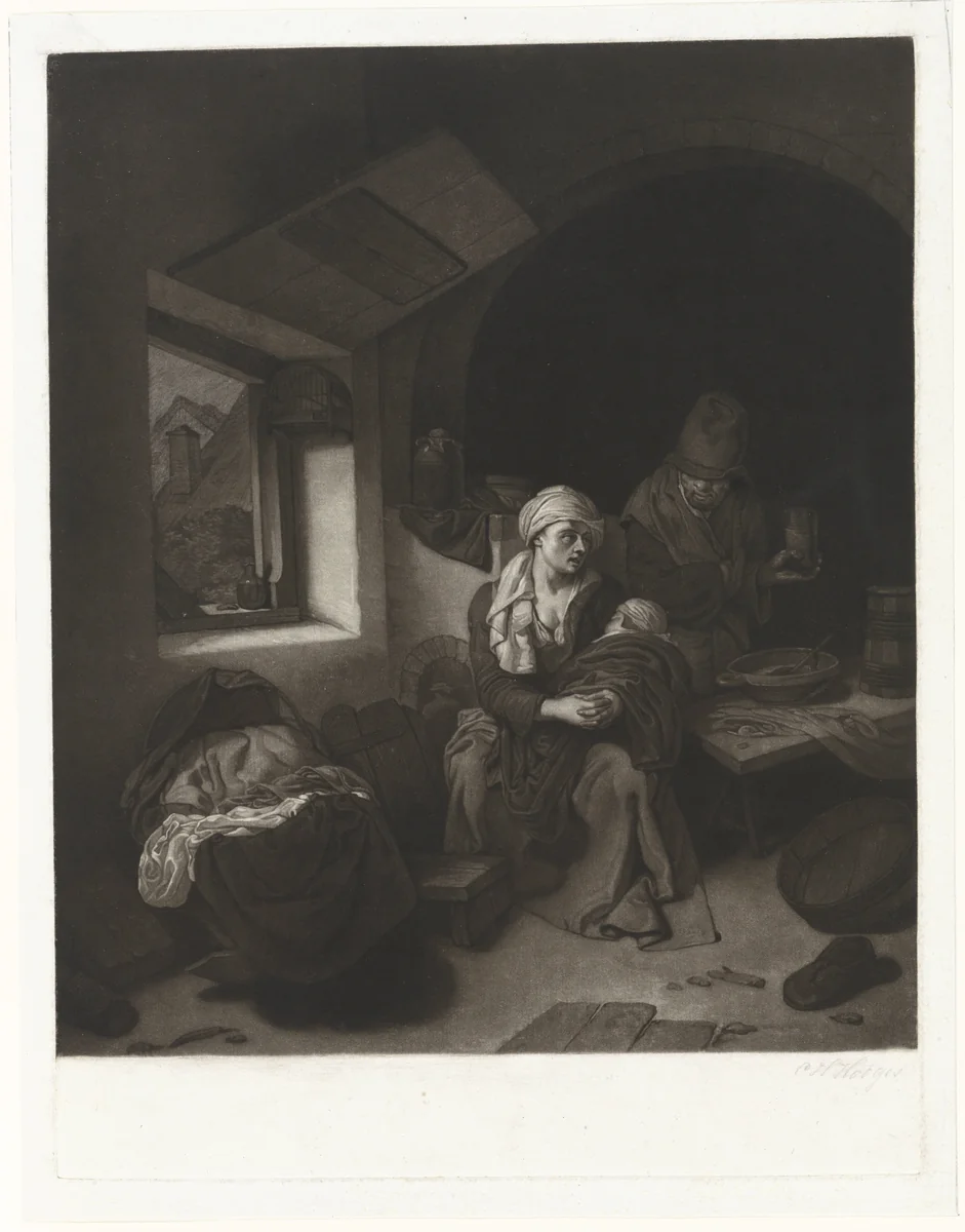 Boerenfamilie in interieur by Charles Howard Hodges, print, 1774-1837