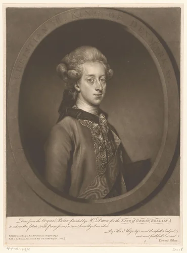 Portret van Christiaan VII van Denemarken by Edward Fisher, print, 1769