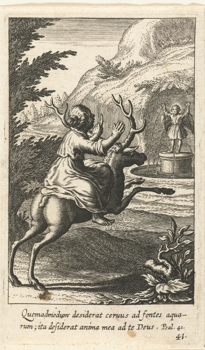 Kind rijdend op een hert bij fontein met engel by Boëtius Adamsz. Bolswert, print, 1590-1624