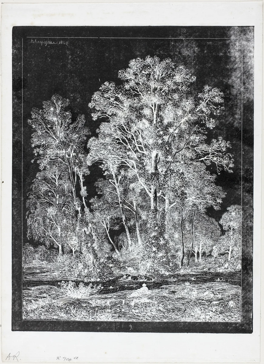 Shepherd Resting in a Clearing by Henri Joseph Harpignies, print, 1849