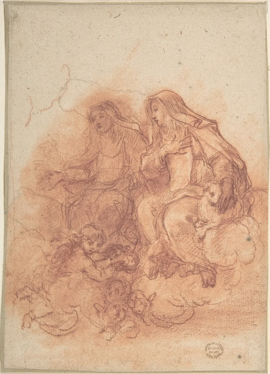 Saint Agnes and a Female Saint by anonymous, drawing, 1600-1700