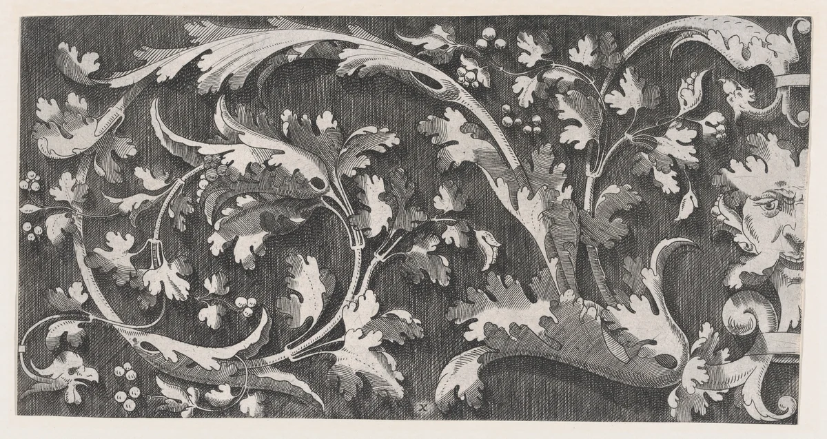 Ornamental Foliage with the Left Half of a Mask by anonymous, print, 1540-1560