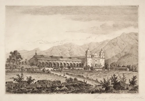 Santa Barbara Mission, from the series, Etchings of the Franciscan Missions of California by Henry Chapman Ford, print, 1828-1838