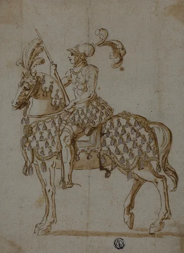 Cavalier in Tournament Costume on Horseback by Niccolò dell' Abbate, drawing, 1580-1599