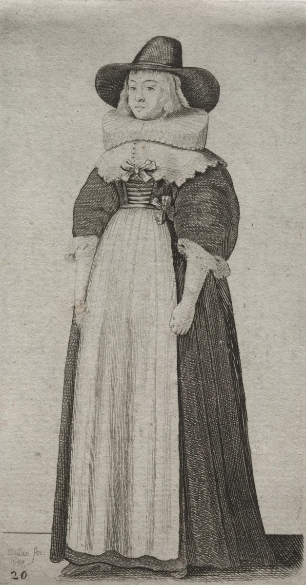The Several Habits of English Women, from the Nobility to the Country Women as they are in these times: The Woman with a Mannish Hat and Ribboned Bodice by Wenceslaus Hollar, print, 1640