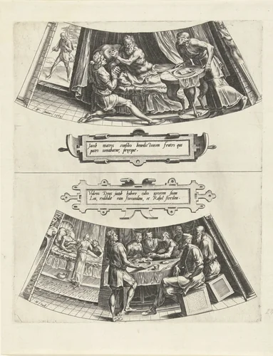 Jakob krijgt de vaderlijke zegen van Isaac en Het huwelijk van Jakob en Lea by Cornelis Cort, print, 1563