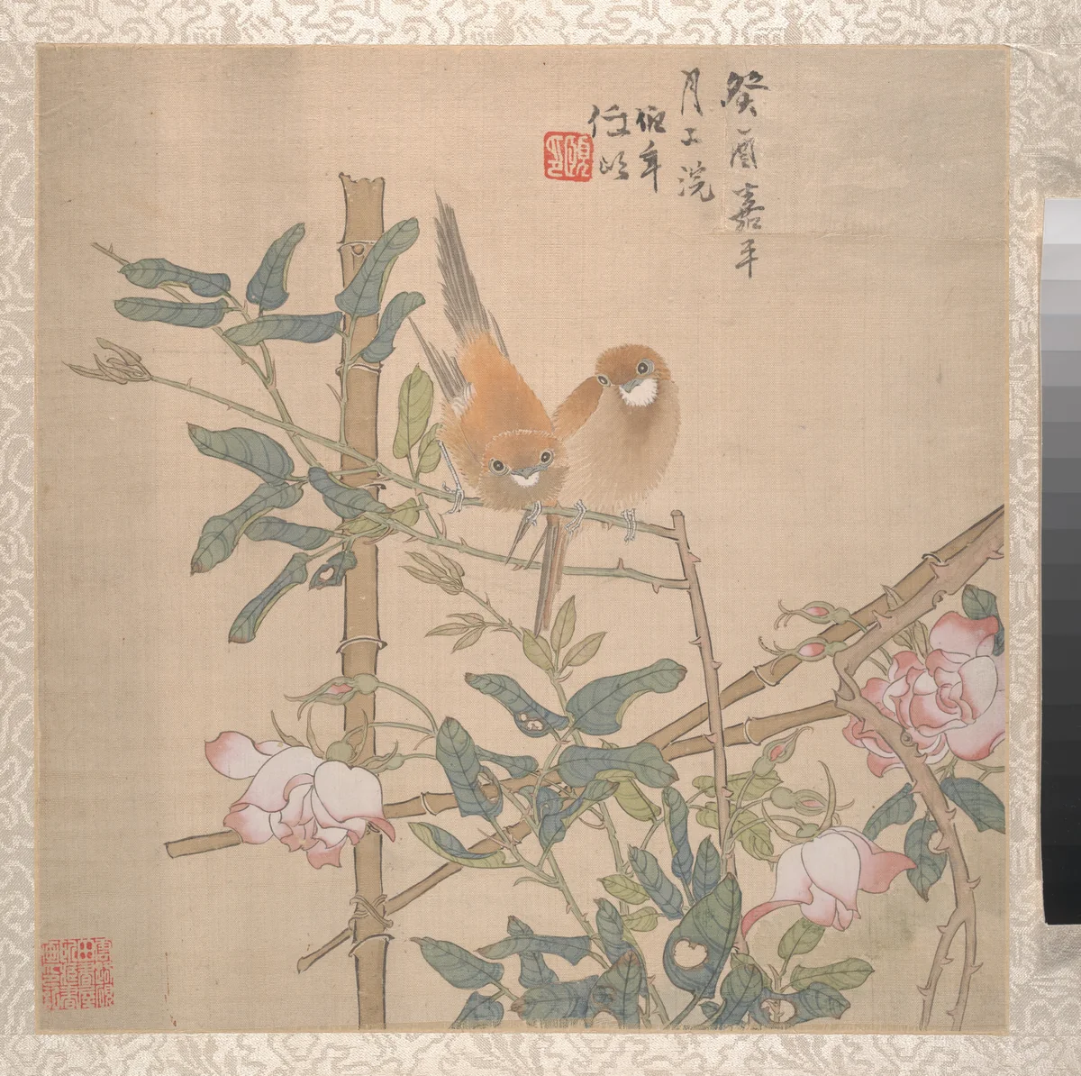 Two Birds Perched on a Flowering Rose Bush by Ren Yi (任頤), painting, 1867-1899