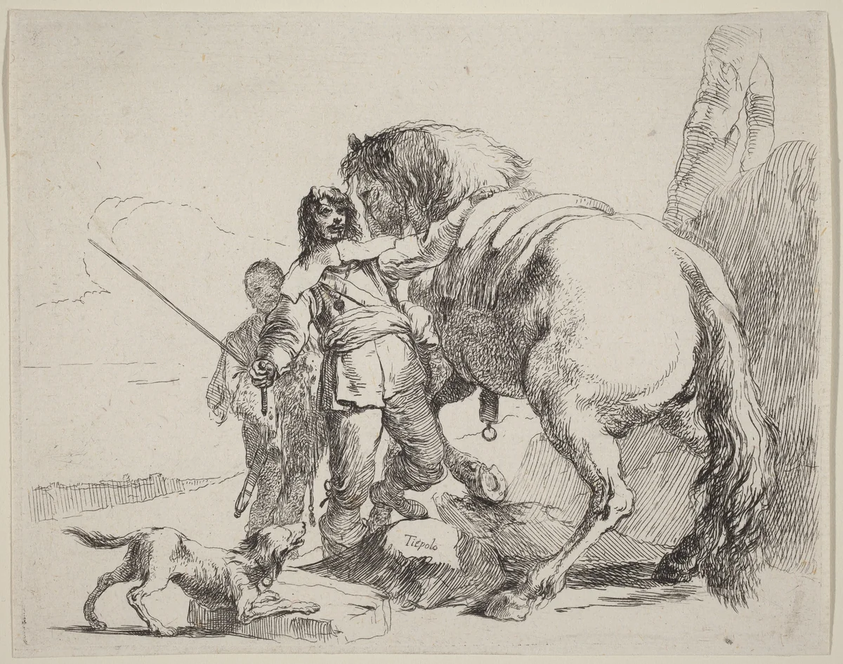 Soldier with Horse and Attendant by Giovanni Battista Tiepolo, print, 1785