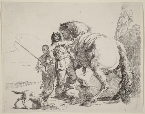 Soldier with Horse and Attendant by Giovanni Battista Tiepolo, print, 1785