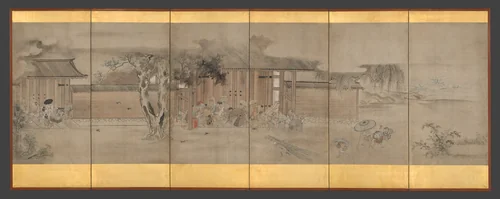 Taking Shelter from the Rain by Hanabusa Itchō (英一蝶), painting, 1700-1850