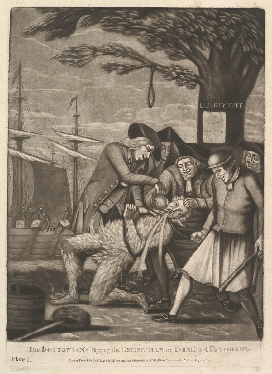 The Bostonians Paying the Excise-Man, or Tarring & Feathering by Philip Dawe, print, 1774
