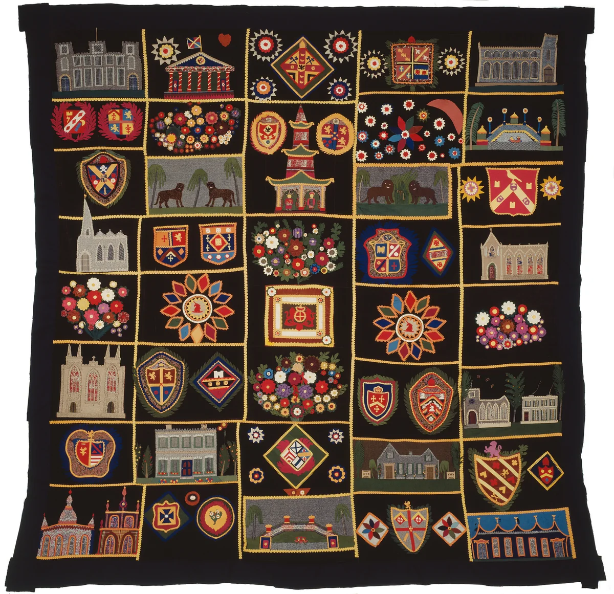 Quilt with Buildings, Animals, and Coats of Arms by United States, textile, 1880-1900