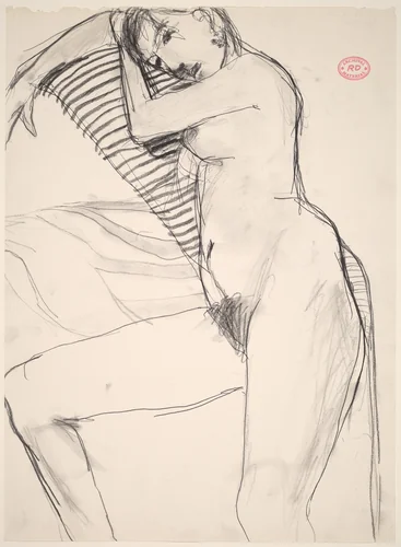 Untitled [female nude with striped bedding] by Richard Diebenkorn, drawing, 1955-1967