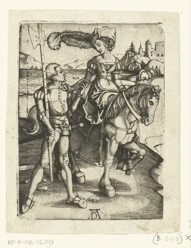 Vrouw te paard en man met hellebaard by Unknown, print, 1549-1624