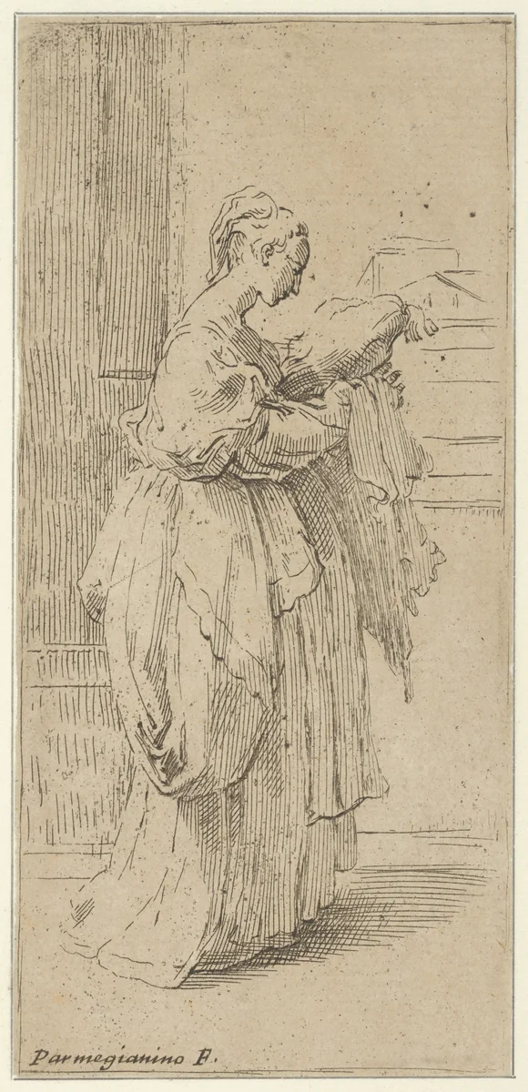 Girl carrying a cushion, seen in profile facing right by Guido Reni, print, 1590-1690