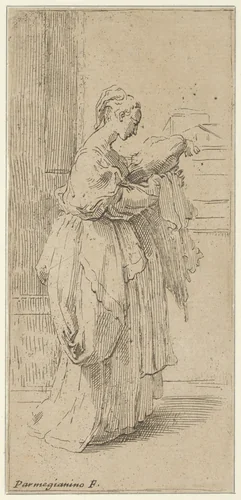 Girl carrying a cushion, seen in profile facing right by Guido Reni, print, 1590-1690