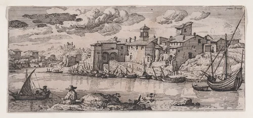 Fishermen on a river across from a town by anonymous, print, 1600-1700