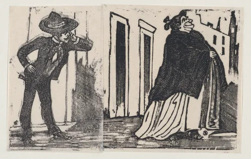 A man looking at a woman who walks by by José Guadalupe Posada, print, 1875-1885