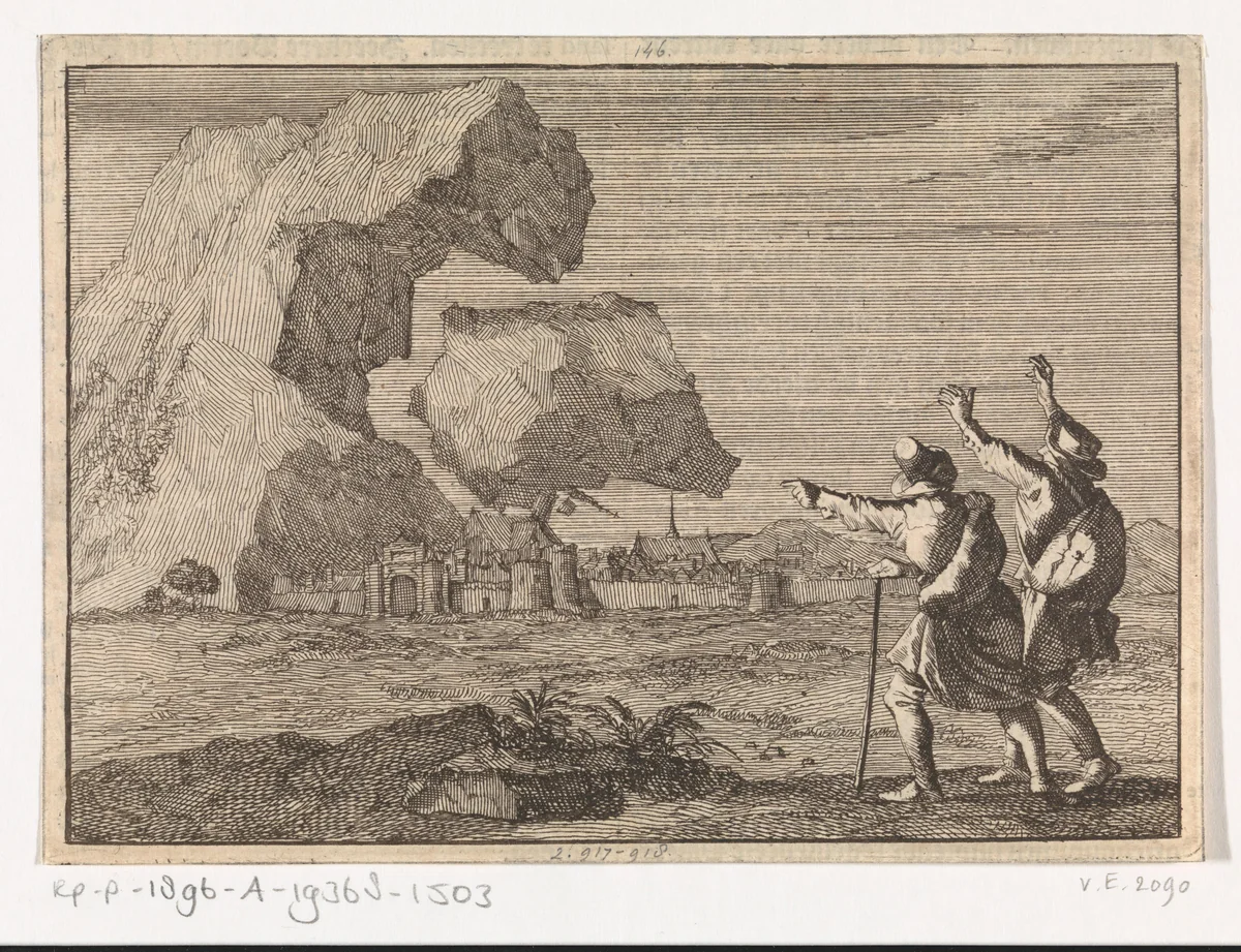 Salzburg wordt vernield door een neerstortende berg, 1669 by Caspar Luyken, print, 1698
