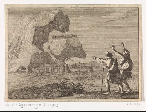 Salzburg wordt vernield door een neerstortende berg, 1669 by Caspar Luyken, print, 1698