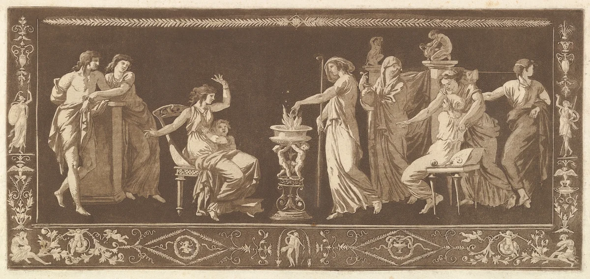 Scène de Sacrifice (Antique Sacrifice), from Recueil de Différentes Compositions Frises et Ornements dessinées et gravées à la manière du lavis par La Grenée le Juene Se trouve chez l'Auteur, au Louvre et chez Basan, rue et Hôtel Serpente A Paris, in an album containing Recueil de Compositions par Lagrenée Le Jeune (Collection of Compositions by Lagrenée the Younger) by Jean Jacques Lagrenée, print, 1784