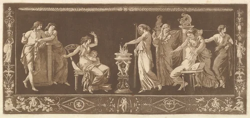 Scène de Sacrifice (Antique Sacrifice), from Recueil de Différentes Compositions Frises et Ornements dessinées et gravées à la manière du lavis par La Grenée le Juene Se trouve chez l'Auteur, au Louvre et chez Basan, rue et Hôtel Serpente A Paris, in an album containing Recueil de Compositions par Lagrenée Le Jeune (Collection of Compositions by Lagrenée the Younger) by Jean Jacques Lagrenée, print, 1784