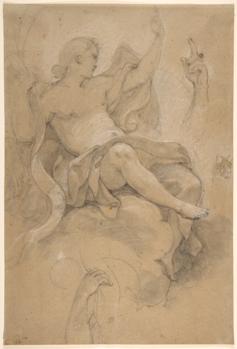 Angel Holding a Banderole by Charles Joseph Natoire, drawing, 1700-1777
