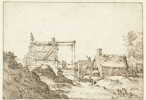 Ophaalbrug bij een stadswal by Andries Both, drawing, 1621-1642