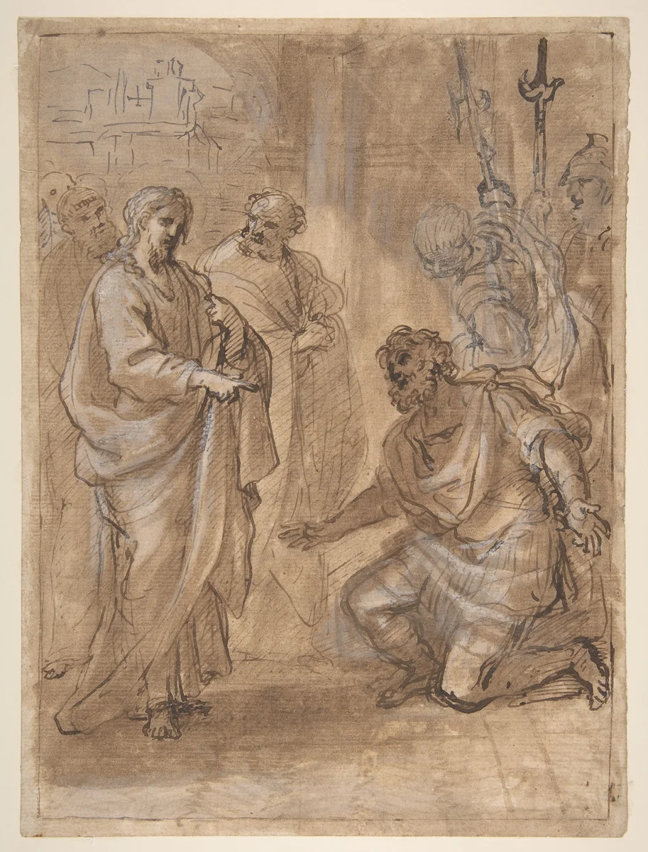 Christ and the Centurion (recto); Figure Waving to Departing Ship (verso) by Giuseppe Passeri, drawing, 1665-1714