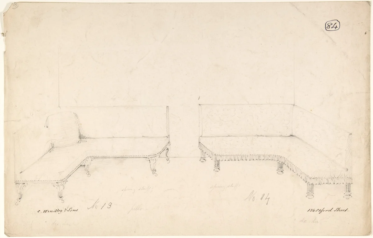 Designs for Two Corner Couches by Charles Hindley and Sons, drawing, 1841-1884