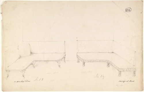 Designs for Two Corner Couches by Charles Hindley and Sons, drawing, 1841-1884