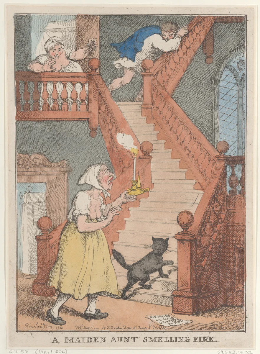A Maiden Aunt Smelling Fire by Thomas Rowlandson, print, 1806-1812