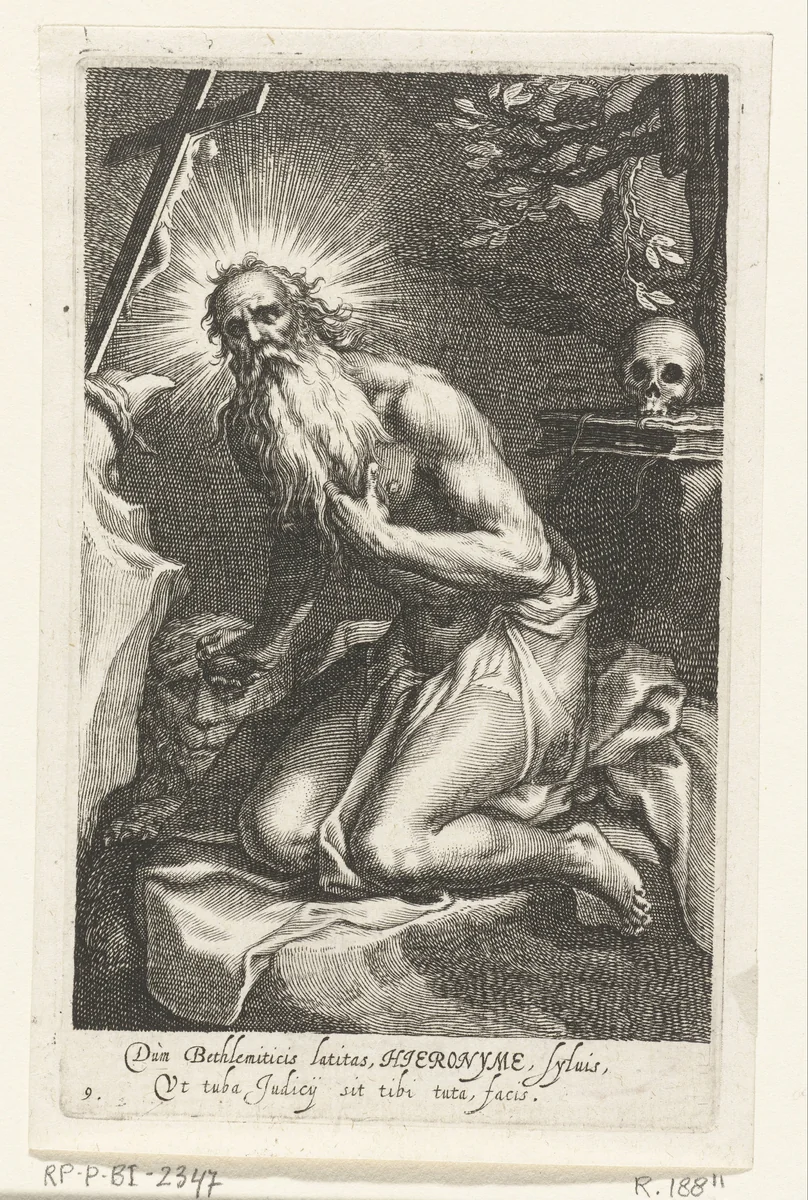 Heilige Hiëronymus van Betlehem als kluizenaar by Boëtius Adamsz. Bolswert, print, 1590-1612