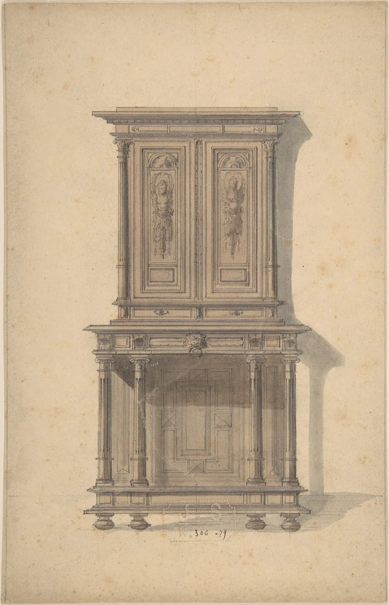Design for a Wooden Cabinet in French Renaissance Style by anonymous, drawing, 1800-1900