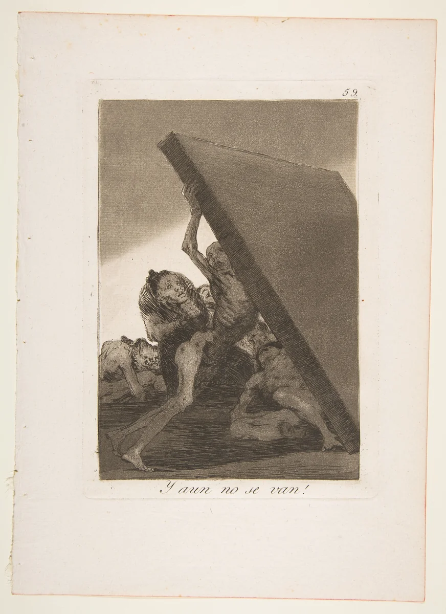 Plate 59 from "Los Caprichos": And still they don't go! (Y aun no se van!) by Goya, print, 1799