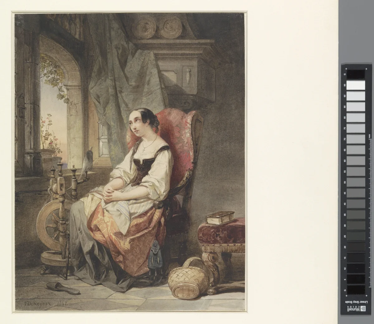 Greteken bij het spinrokken, zittend bij een open raam by Nicaise De Keyser, drawing, 1842
