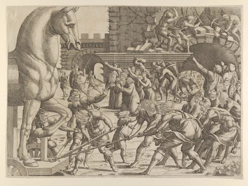 The Trojans Bring the Wooden Horse into Their City by Jean Mignon, print, 1535-1555