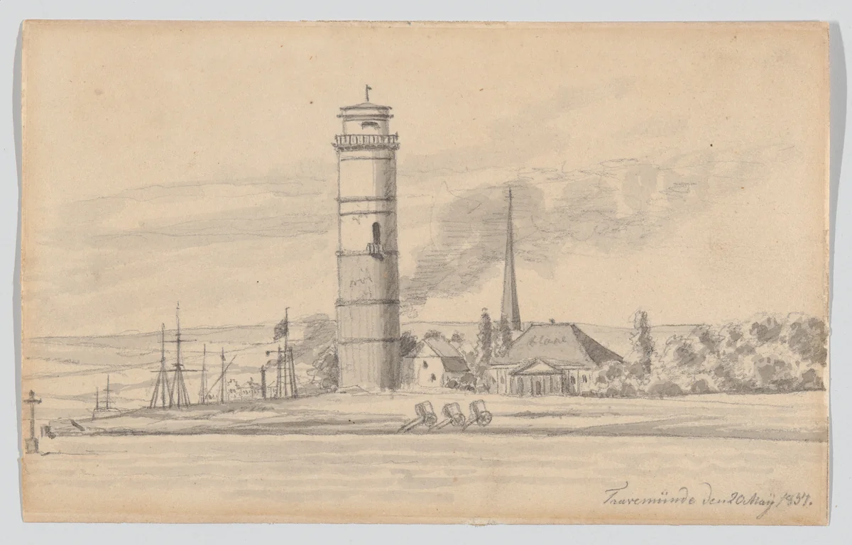 The Lighthouse of Travemünde Seen from the South by Martinus Rørbye, drawing, 1834