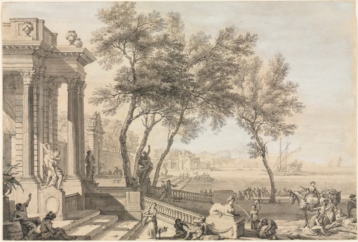 Fantastic Harbor Scene with Architecture and Figures by Isaac de Moucheron, drawing, 1713