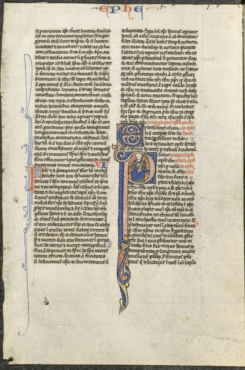 Leaf from a Latin Bible: Initial P with St. Paul Holding a Sword (St. Paul's Epistle to the Ephesians) by Johannes Grusch, manuscript, 1245-1255