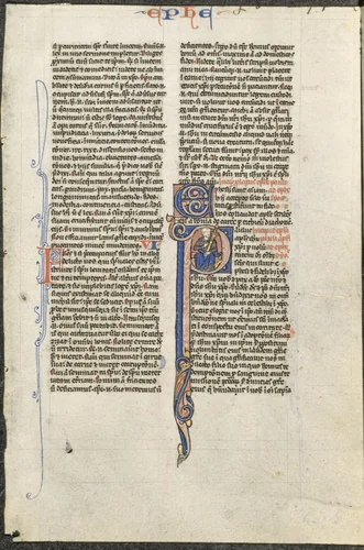 Leaf from a Latin Bible: Initial P with St. Paul Holding a Sword (St. Paul's Epistle to the Ephesians) by Johannes Grusch, manuscript, 1245-1255