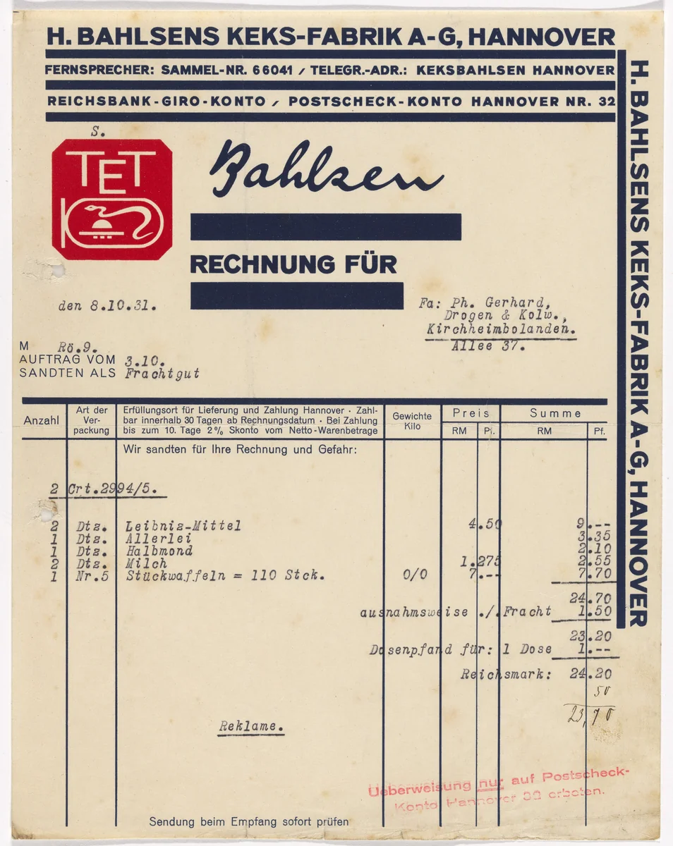 Stationery invoice for Hermann Bahlsen’s Cookie factory (Keks-Fabrik), Hannover by Kurt Schwitters, design, 1929