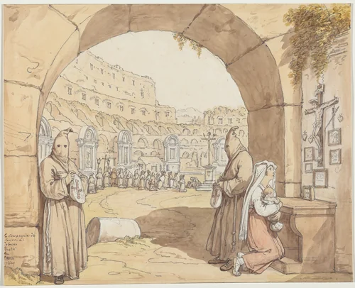 La Compagnia dei sacconi al Colosseo (Penitents Praying at Altars in the Colosseum) by Bartolomeo Pinelli, drawing, 1829