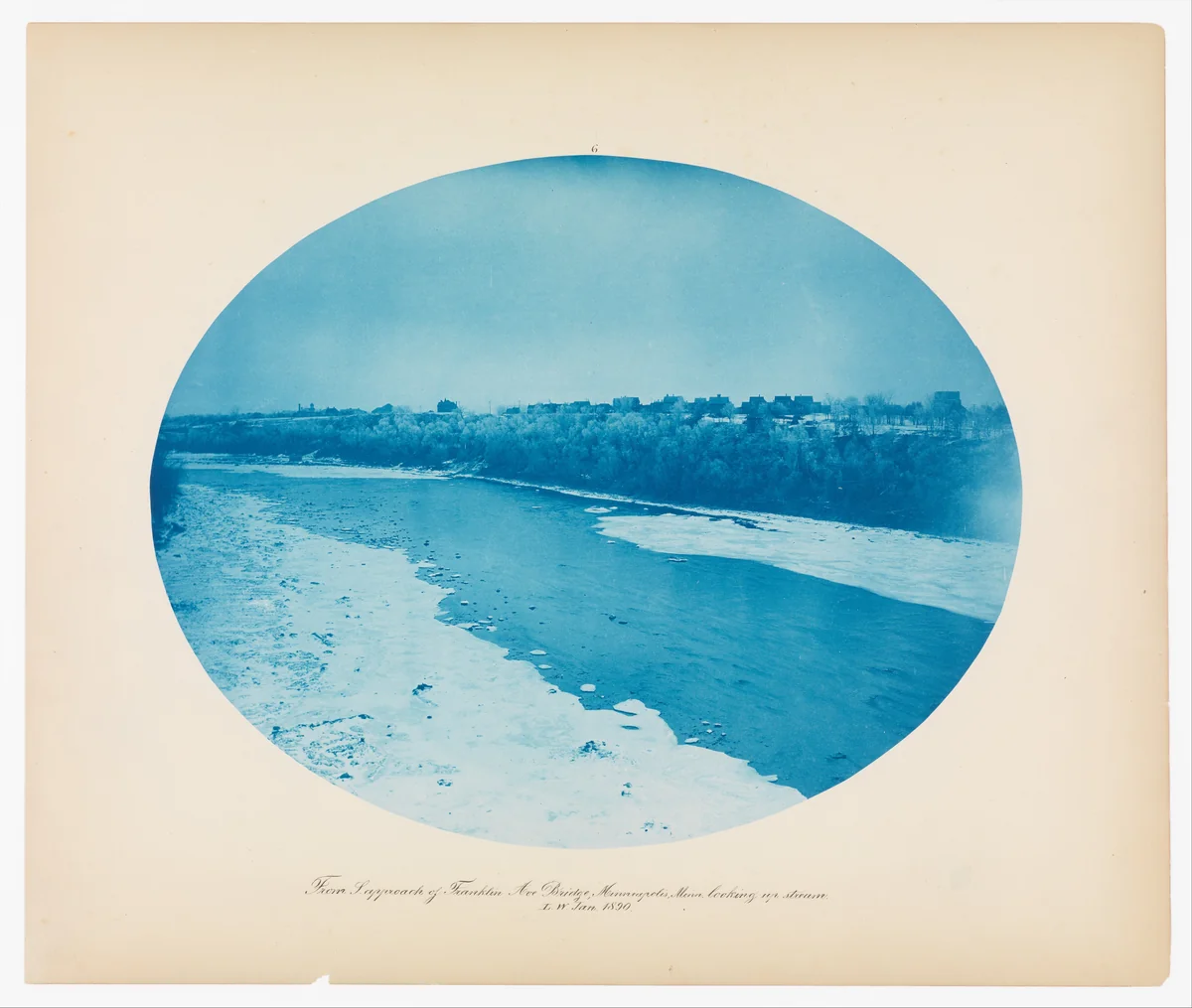 No. 6. From South Approach of Franklin Ave Bridge, Minneapolis, Minnesota Looking Up Stream (Low Water) by Henry P. Bosse, photograph, 1890